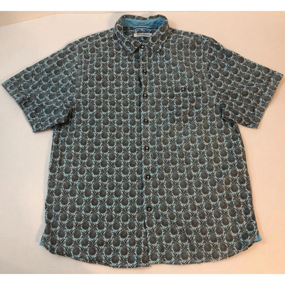 Tommy Bahama Men's Blue Pineapple Print Hawaiian Cotton / Lyocell Shirt - Large